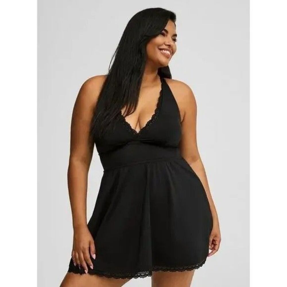 NWT Torrid Women's Plus Size 5X Lace Trimmed Wireless Black Swimsuit Swim Dress - Picture 2 of 12